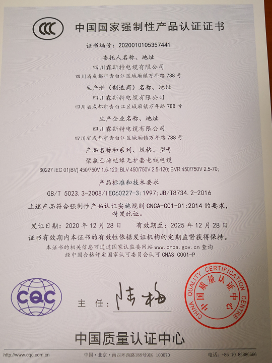 热烈祝贺四川霖斯特电缆有限公司顺利取得国家强制性产品CCC认证证书